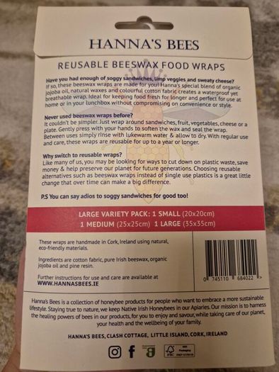 brand new Hannas Bees reusable beeswax wraps