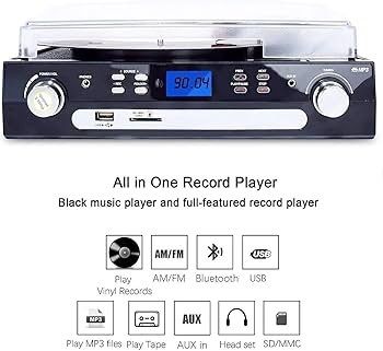 FREE EXPRESS SHIPPING Vinyl Record Player, Bluetooth Turntable with Stereo Speakers, Turntable for Vinyl to MP3 with Cassette Play, AM/FM Radio, Remote Control, USB/SD Encoding, 3.5mm Music Output Jack