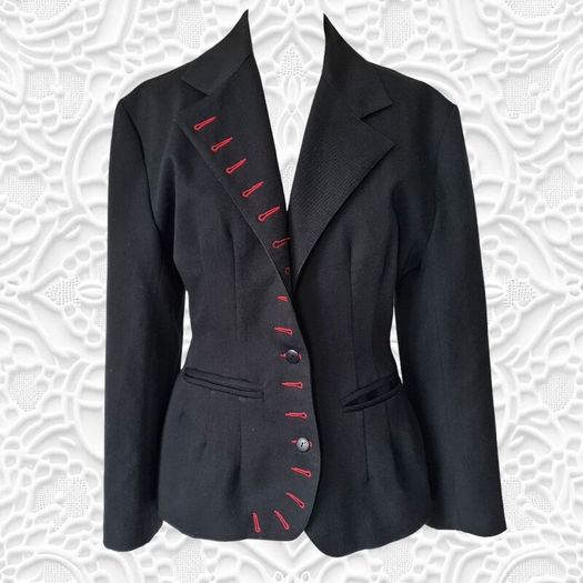 Vintage 1980s avant garde black blazer 1940s style red buttonholes M 10 12 Made in England for Miss Selfridge