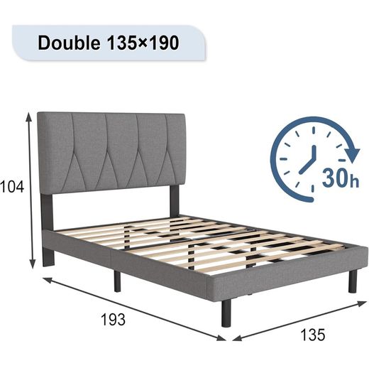 Double Bed Frame, Light Grey, Upholstered Wooden Slat Bed Frame with Headboard