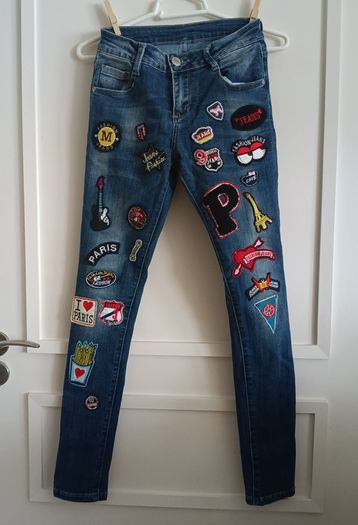 Girls denim cotton jeans with patches in very good condition 26 inch waist and 37 inch full length see last three photos for exact measurements FREE STANDARD POSTAGE INCLUDED
