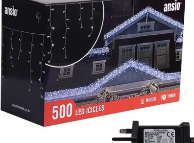 Outdoor Christmas Lights 500 LED 17.4m/56ft Icicle Lights Outdoor & Indoor Cool White Decorations String Fairy Outside Lights with Timer for Xmas Garden Bedroom Party|Mains Powered White Cable