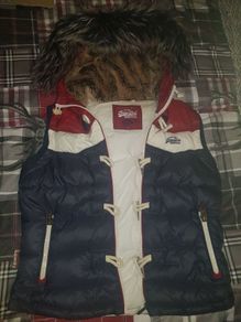 Superdry vintage colour gilet. red blue white fur hood. Stranger things