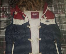 Superdry vintage colour gilet. red blue white fur hood. Stranger things