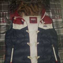 Superdry vintage colour gilet. red blue white fur hood. Stranger things