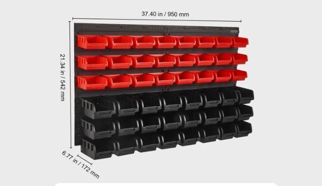 Wall-Mounted Storage Bins Organiser, 48-Bin Parts Rack for Screws, Nuts, Bolts, Nails & Small Tools, Black and Red