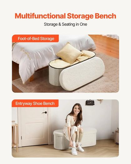 Beige Oval Storage Ottoman Bench, Foldable Teddy Fleece Upholstered Chest with Large Storage Space, 660 lb Capacity for Bedroom, Living Room & Entryway