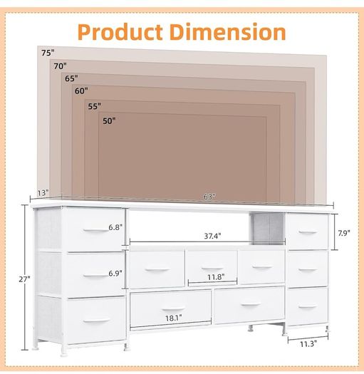 Tv Cabinet, Dresser for Bedroom with 11 Fabric Drawers, TV Stand with Power Socket for TVs up to 70 inch TV Units for Living Room, Bedroom, White