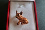 French Bulldog Brooch, Copper Tone Dog Pin with Green Rhinestone Eyes, Dapper Pug Lapel Pin, Pet Lover Gift