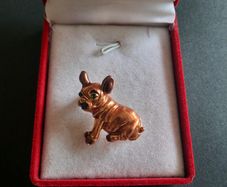 French Bulldog Brooch, Copper Tone Dog Pin with Green Rhinestone Eyes, Dapper Pug Lapel Pin, Pet Lover Gift
