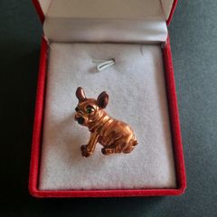 French Bulldog Brooch, Copper Tone Dog Pin with Green Rhinestone Eyes, Dapper Pug Lapel Pin, Pet Lover Gift