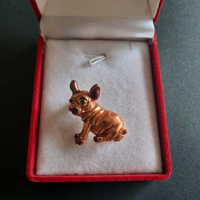 French Bulldog Brooch, Copper Tone Dog Pin with Green Rhinestone Eyes, Dapper Pug Lapel Pin, Pet Lover Gift
