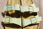 White and cream leather sandals with gold buckles size 40