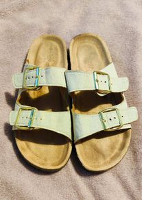 White and cream leather sandals with gold buckles size 40