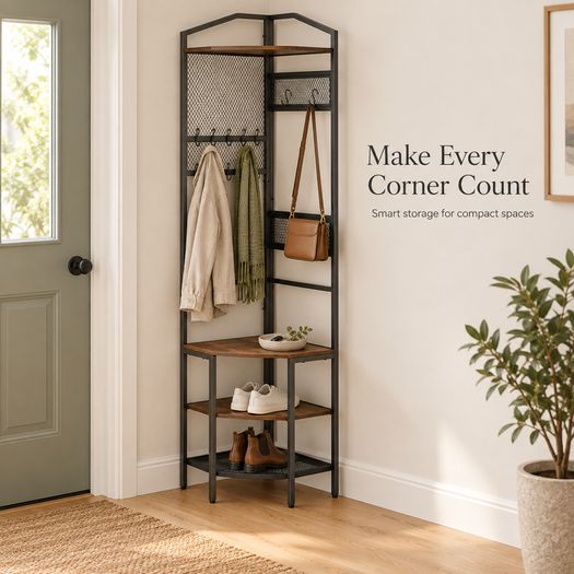 Corner Coat Rack with Shoe Storage and Shelves  Black Metal