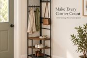 Corner Coat Rack with Shoe Storage and Shelves  Black Metal