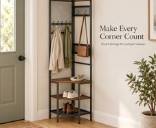 Corner Coat Rack with Shoe Storage and Shelves  Black Metal