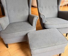 2 x Strandmon Ikea Chairs & Footstool Grey