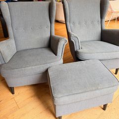 2 x Strandmon Ikea Chairs & Footstool Grey