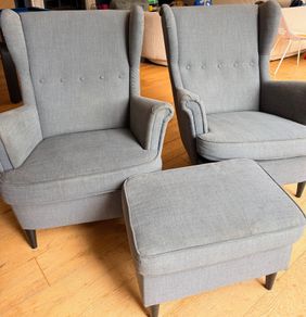 2 x Strandmon Ikea Chairs & Footstool Grey