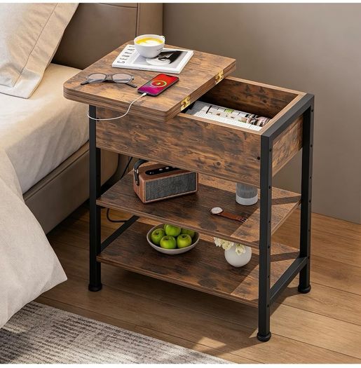 Side Table with Charging Station, Small Flip Top Narrow Sofa End Table with USB Ports, Type C Ports and Outlets, with Storage, 3-Tier, for Living Room, Bedroom, Brown