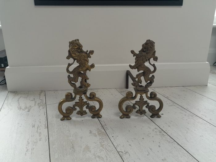 19th Century Cast Brass Rampant Lions Andirons