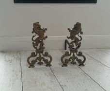 19th Century Cast Brass Rampant Lions Andirons