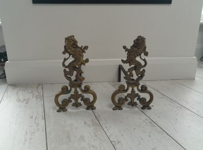 19th Century Cast Brass Rampant Lions Andirons