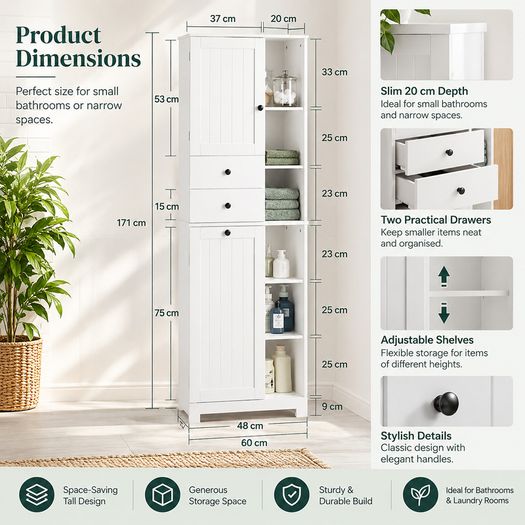 Tall Bathroom Storage Cabinet with Laundry Basket 6 Shelves 2 Drawers White 171cm
