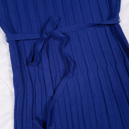 Monsoon Royal Blue Ribbed Knit Long Sleeve Tie Waist Fit & Flare Midi Dress Size S