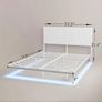 King Floating Bed Frame with LED Lights and Charging Station, Metal Platform Bed Frame King Size with Upholstered Headboard, No Box Spring Needed, White Image 2