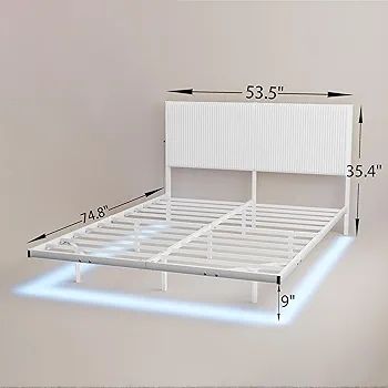 King Floating Bed Frame with LED Lights and Charging Station, Metal Platform Bed Frame King Size with Upholstered Headboard, No Box Spring Needed, White