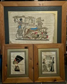 Beautiful Set of 3 Vintage Framed Egyptian Papyrus Paintings (With Certificate)