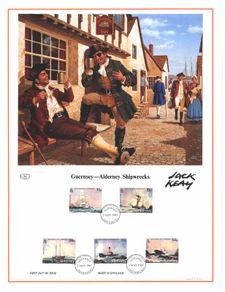 1987 Alderney Limited Edition Lithographed Print measuring 333mm X 257mm showing Alderney Shipwrecks Commemorative stamps with First Day of Issue Cancel