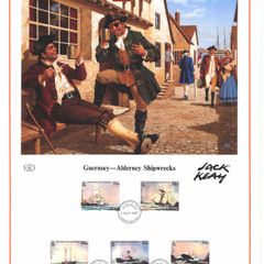 1987 Alderney Limited Edition Lithographed Print measuring 333mm X 257mm showing Alderney Shipwrecks Commemorative stamps with First Day of Issue Cancel