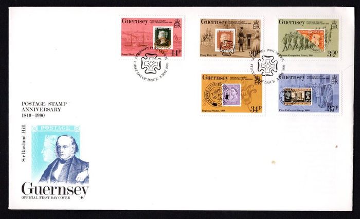 1990 Guernsey 150th Anniversary of the Penny Black Commemorative Stamps Official First Day Cover (FDC)