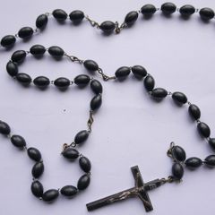 Antique Religious  Catholic Rosary with black wooden beads and center and Crucifix Cross of Holy Jesus Christ