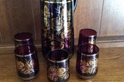 Vintage 60s Bohemian purple Amethyst Glass Pitcher Gold roses W/ 5 matching glasses