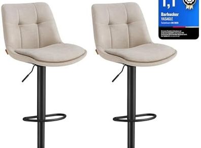 Bar Stools Set of 2 Bar Chairs Height Adjustable Swivel Kitchen Stools with Backrest and Footrest Dining Counter Steel Cream White
