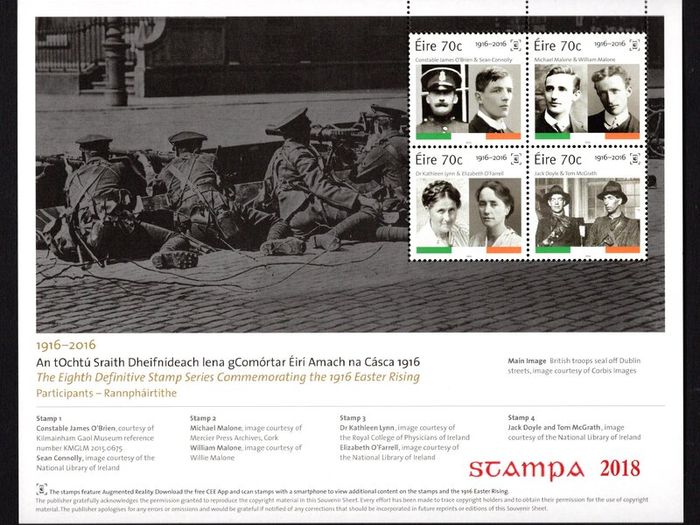 2018 Ireland Stampa Members Souvenir on 1916 Rising Centenary sheet of participants Commemorative Stamps Miniature Sheet Overprinted for Stampa Mint Never Hinged (MNH)