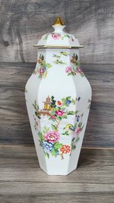 Crown Staffordshire Pagoda Pattern 6 Sided Hexagonal Vase With Lid Vintage Fine Bone China England