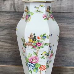 Crown Staffordshire Pagoda Pattern 6 Sided Hexagonal Vase With Lid Vintage Fine Bone China England