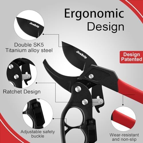 JiveSnip Professional Ratchet Anvil Pruning Shear Ratcheting Mechanism, Reinforced Design Handle Professional Bypass Garden Secateurs for Plants, Hedges, and Flowers