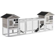 2 in 1 Rabbit Hutch Outdoor Guinea Pig Hutch Bunny Run Double Main House with Run, No-Leak Tray 259 x 64 x 92cm, Grey