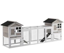 2 in 1 Rabbit Hutch Outdoor Guinea Pig Hutch Bunny Run Double Main House with Run, No-Leak Tray 259 x 64 x 92cm, Grey