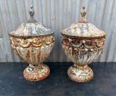 Antique Antique 19th Century English Regency Period Neoclassical cast iron Garden Urns & Lids - a Pair