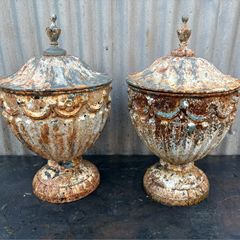 Antique Antique 19th Century English Regency Period Neoclassical cast iron Garden Urns & Lids - a Pair