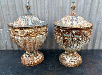 Antique Antique 19th Century English Regency Period Neoclassical cast iron Garden Urns & Lids - a Pair