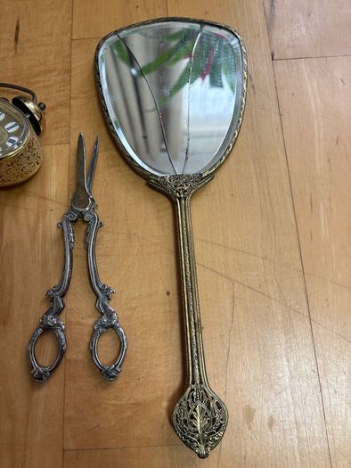 1. Antique Victorian Style Plated Grape Shears / Scissors 2. Antique Victorian hand mirror (broken) Open to offers