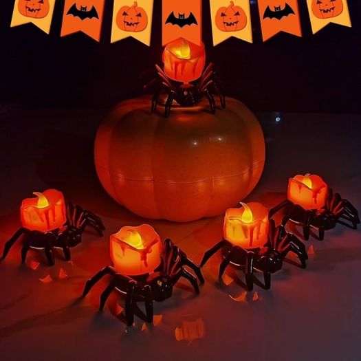 Spider Tea Lights Set of 6 Flameless LED Candles for Spooky Halloween Decor with Spider Candle Holder, Orange Flickering Tea Lights